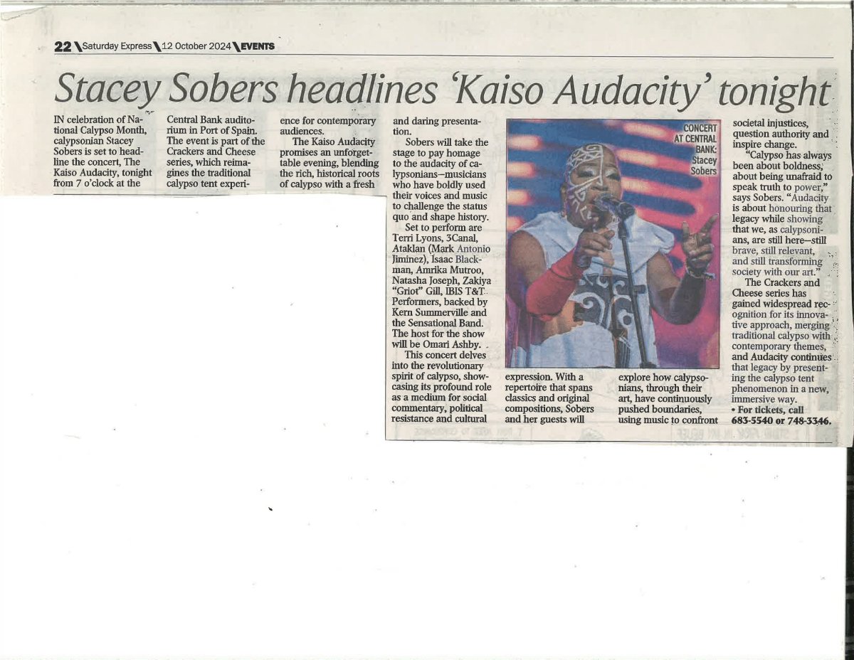 Stacey Sobers headlines Kaiso Audacity, Trinidad Express, October 2024